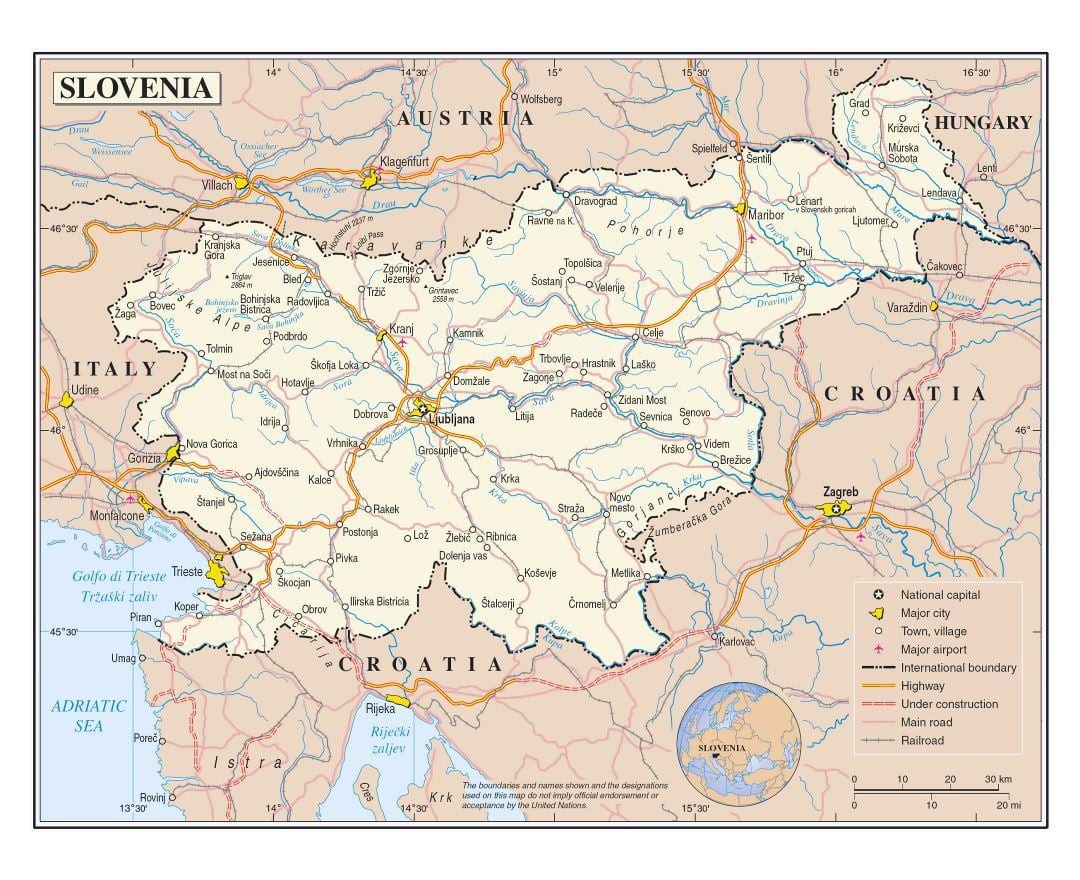 Χάρτης της Σλοβενίας αεροδρόμια